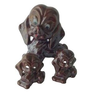 Dog Basset Hound Puppies Brown Glazed Ceramic Japan Figurine Long Ears Vtg Lot 3